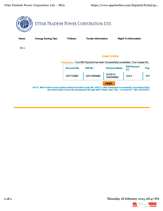 India Uttar Pradesh Power Corporation Limited utility bill template in Word and PDF formats